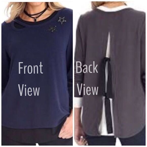 TIE Back Split top Cut Neck 2 embellished removeable pins relaxed fit top NWT - Picture 1 of 8